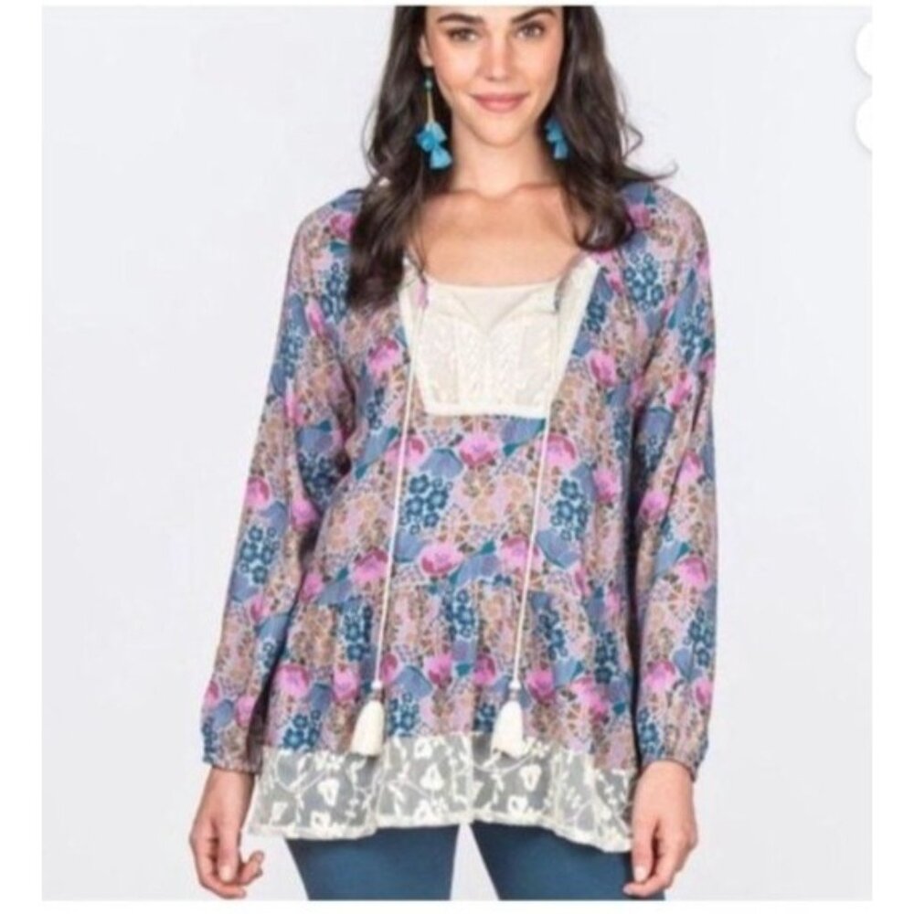 Matilda Jane Womens Floral Lace Boho peasant Blouse Tassels size large